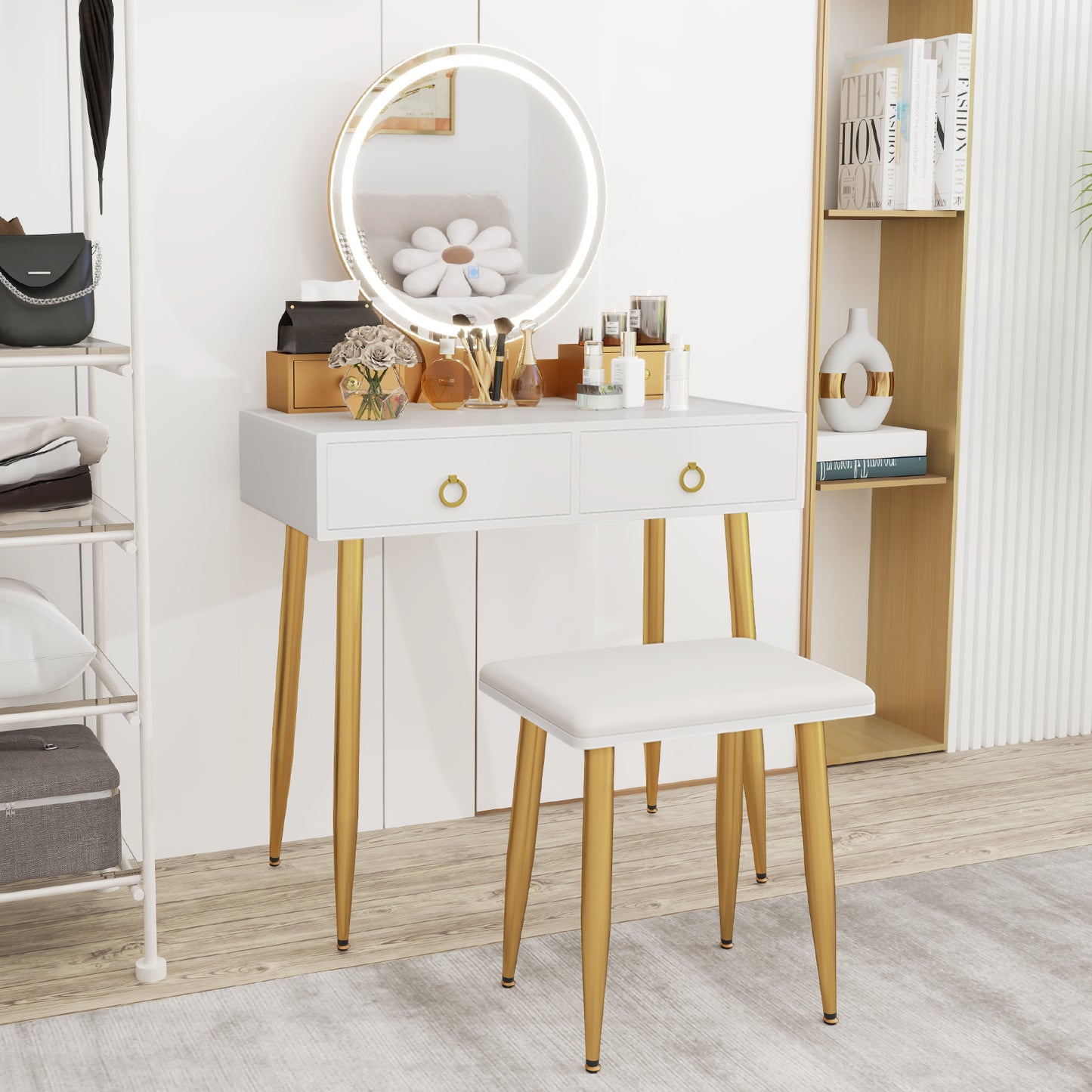 Vanity Table Set with Lighted Mirror and 4 Drawers