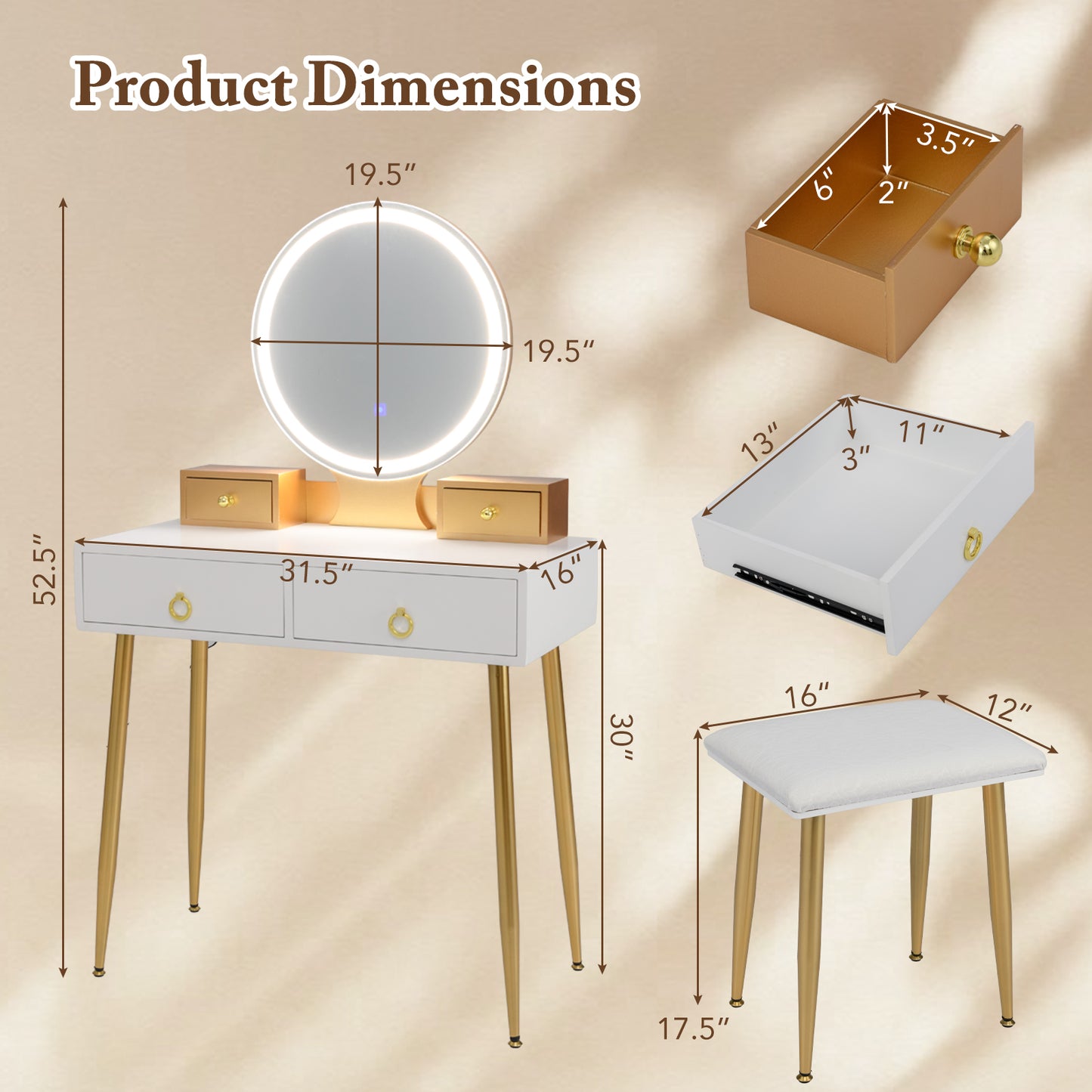 Vanity Table Set with Lighted Mirror and 4 Drawers