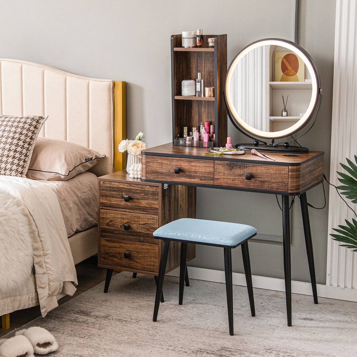 Vanity Table Set with 3-Color Lighted Mirror and Stool