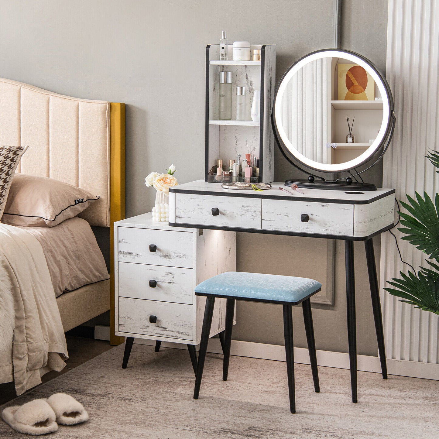 Vanity Table Set with 3-Color Lighted Mirror and Stool