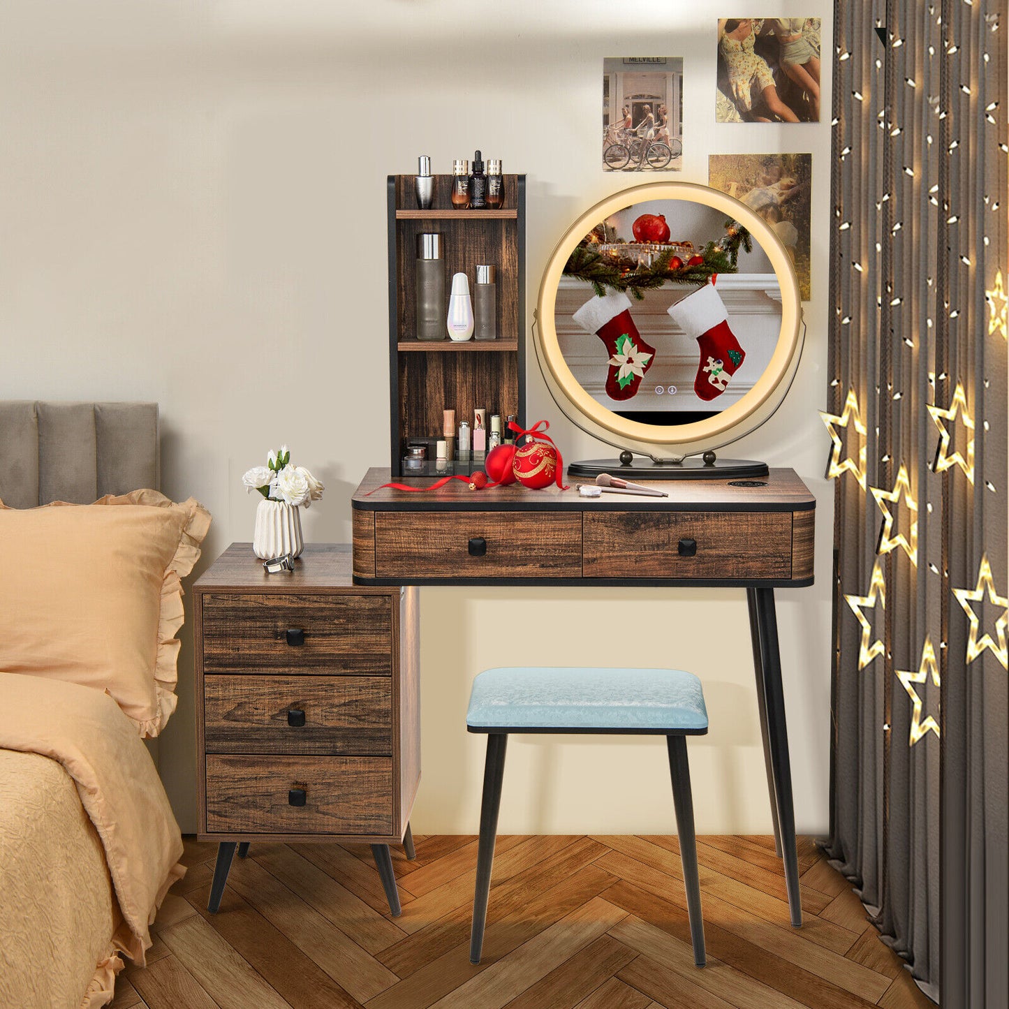 Vanity Table Set with 3-Color Lighted Mirror and Stool