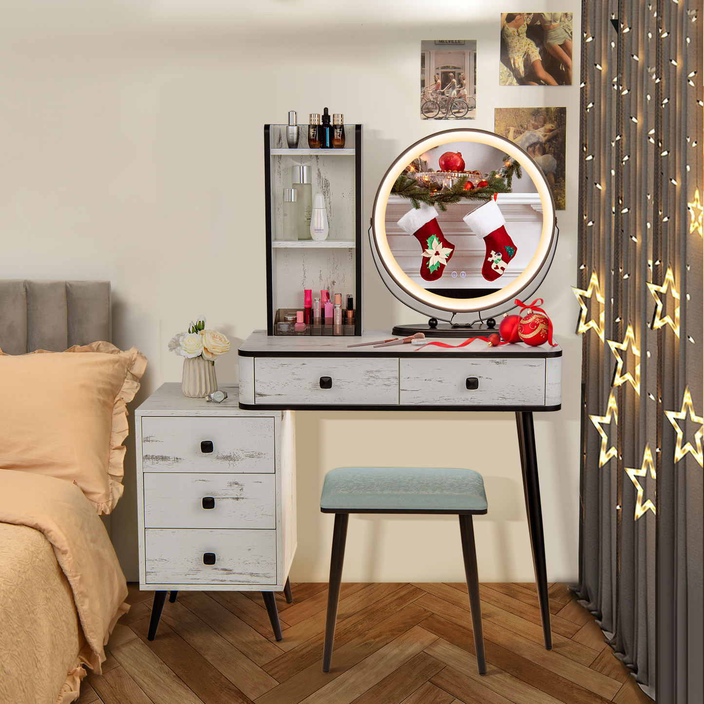 Vanity Table Set with 3-Color Lighted Mirror and Stool