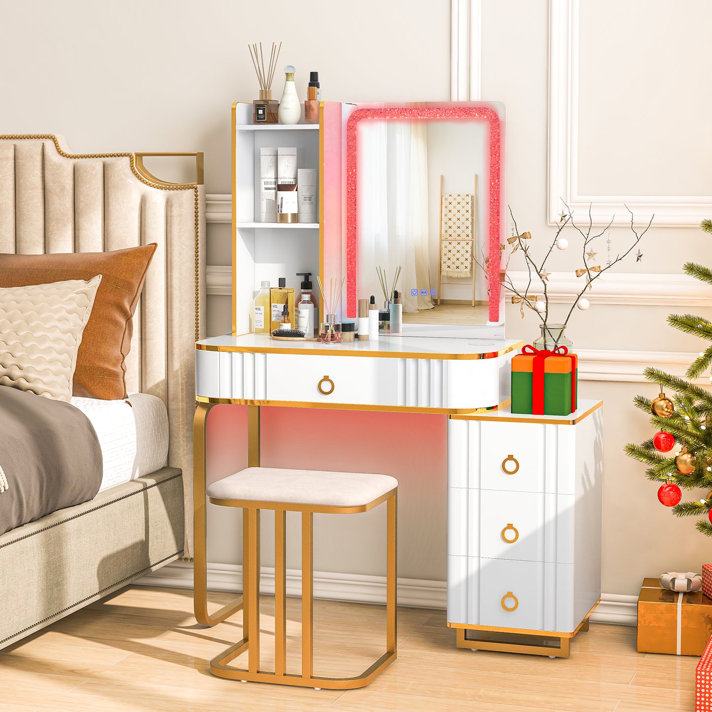 Vanity Table Set with RGB LED Lights & Wireless Charging