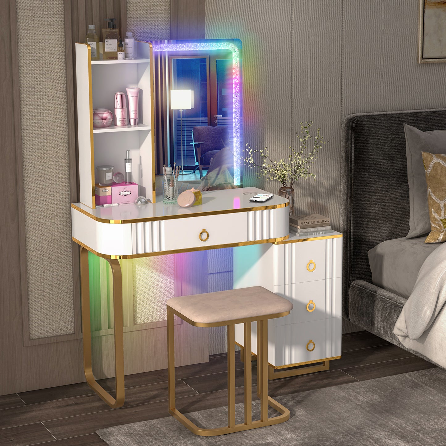 Vanity Table Set with RGB LED Lights & Wireless Charging