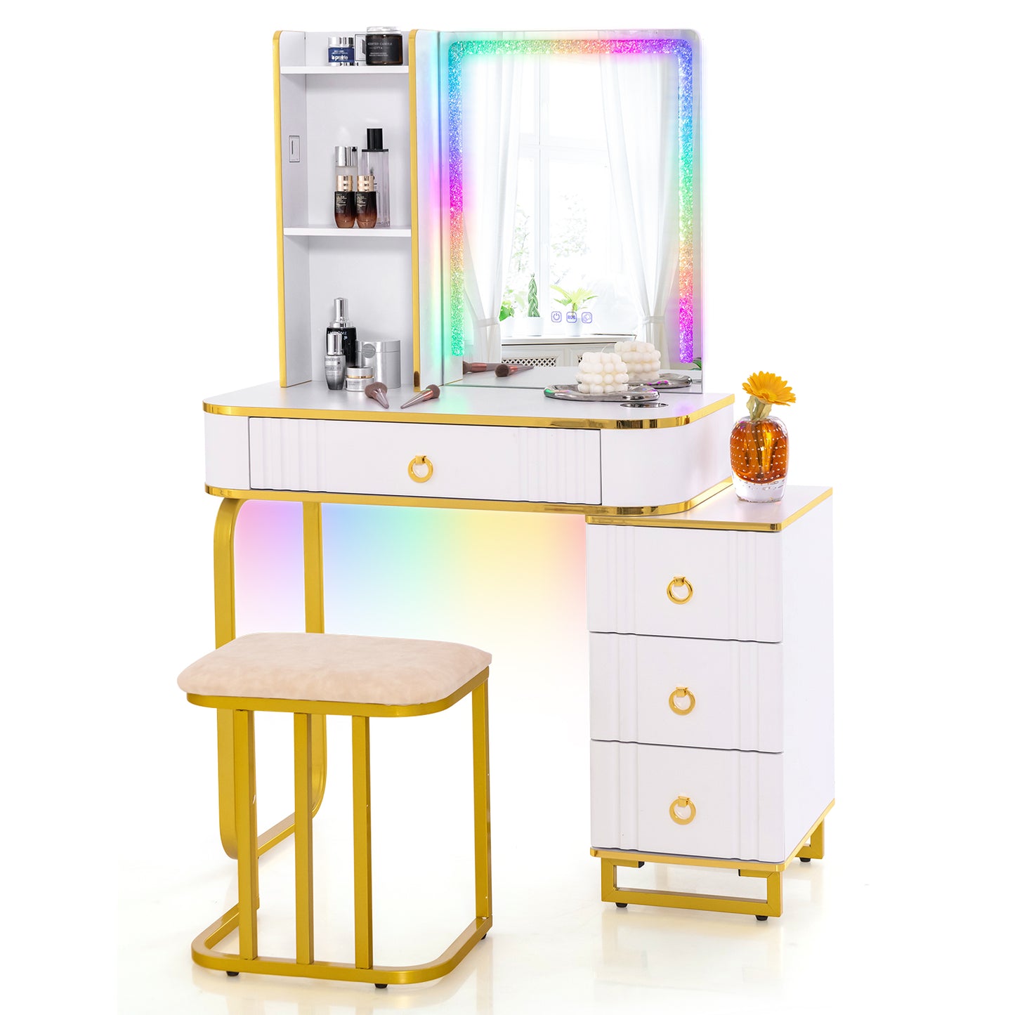 Vanity Table Set with RGB LED Lights & Wireless Charging