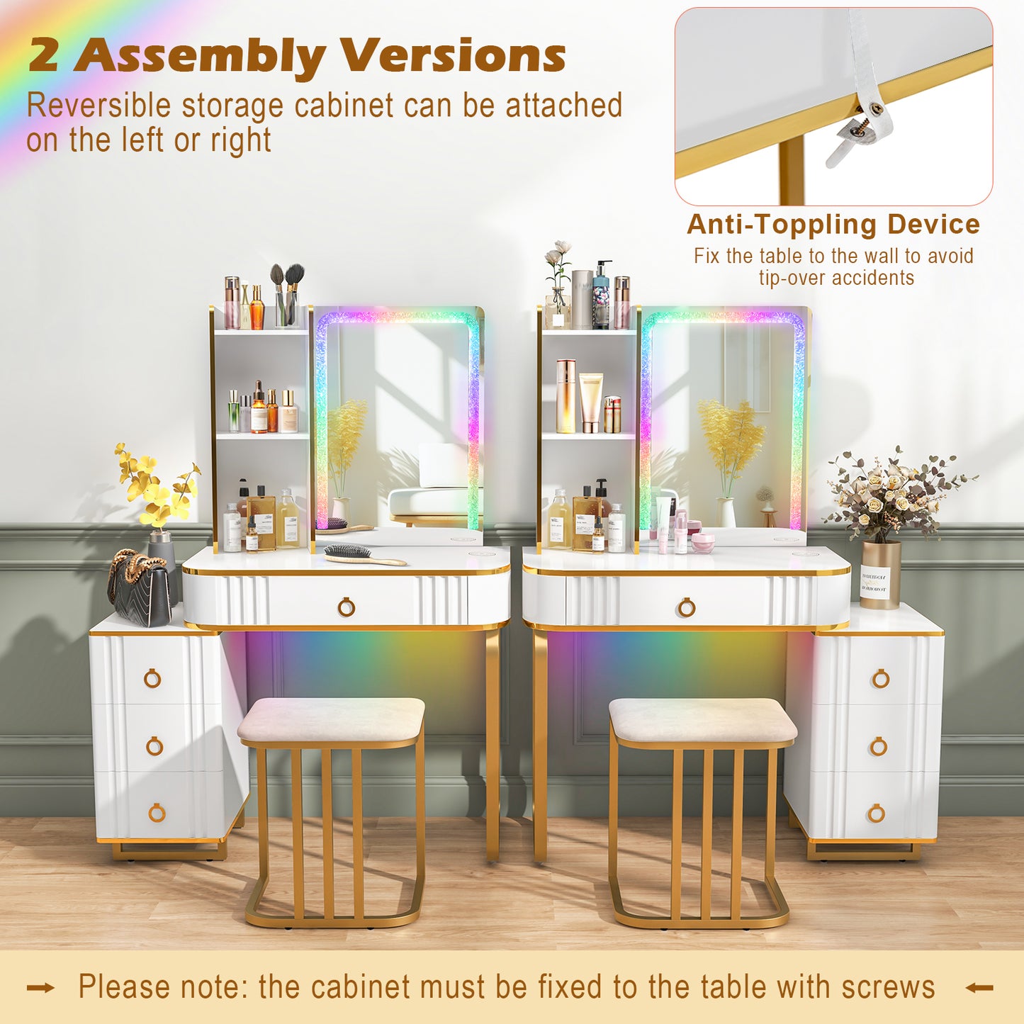 Vanity Table Set with RGB LED Lights & Wireless Charging