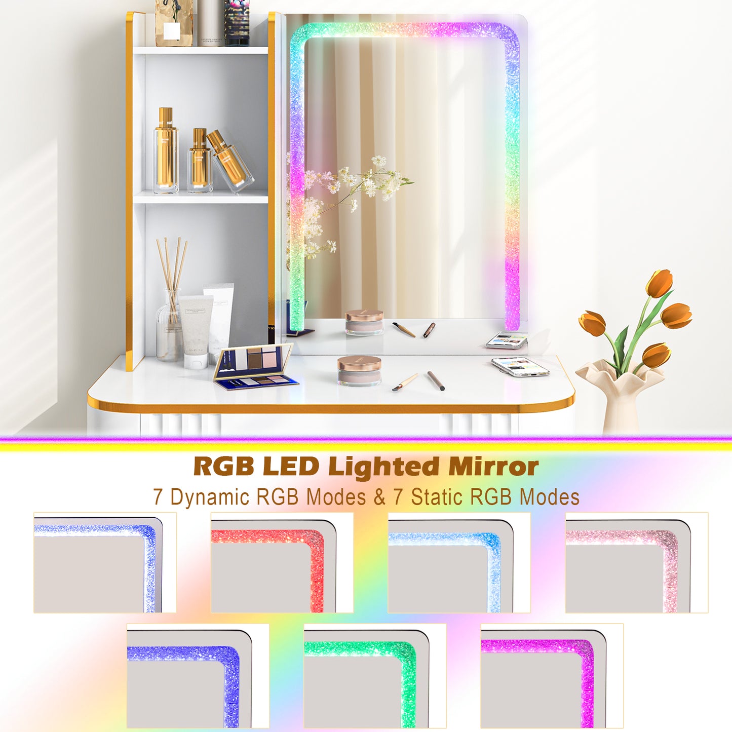 Vanity Table Set with RGB LED Lights & Wireless Charging