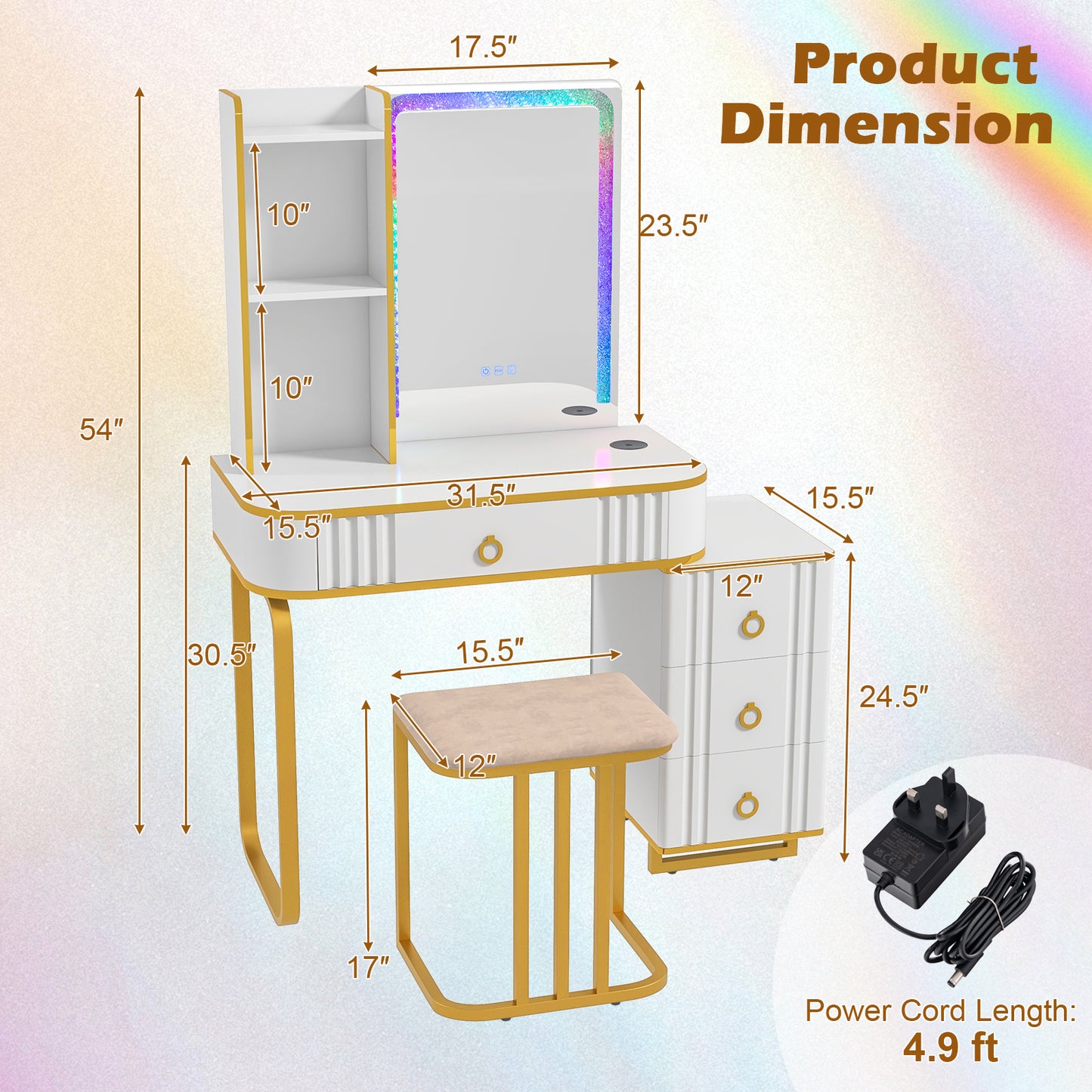 Vanity Table Set with RGB LED Lights & Wireless Charging