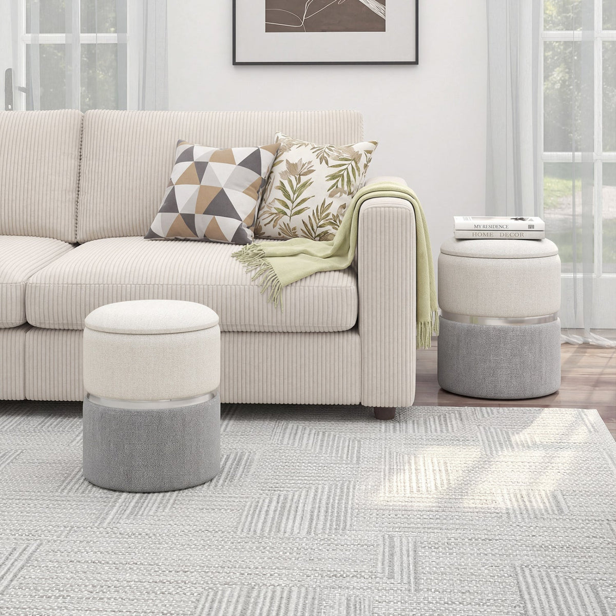 Velvet/Linen Fabric Storage Ottoman Set of 2