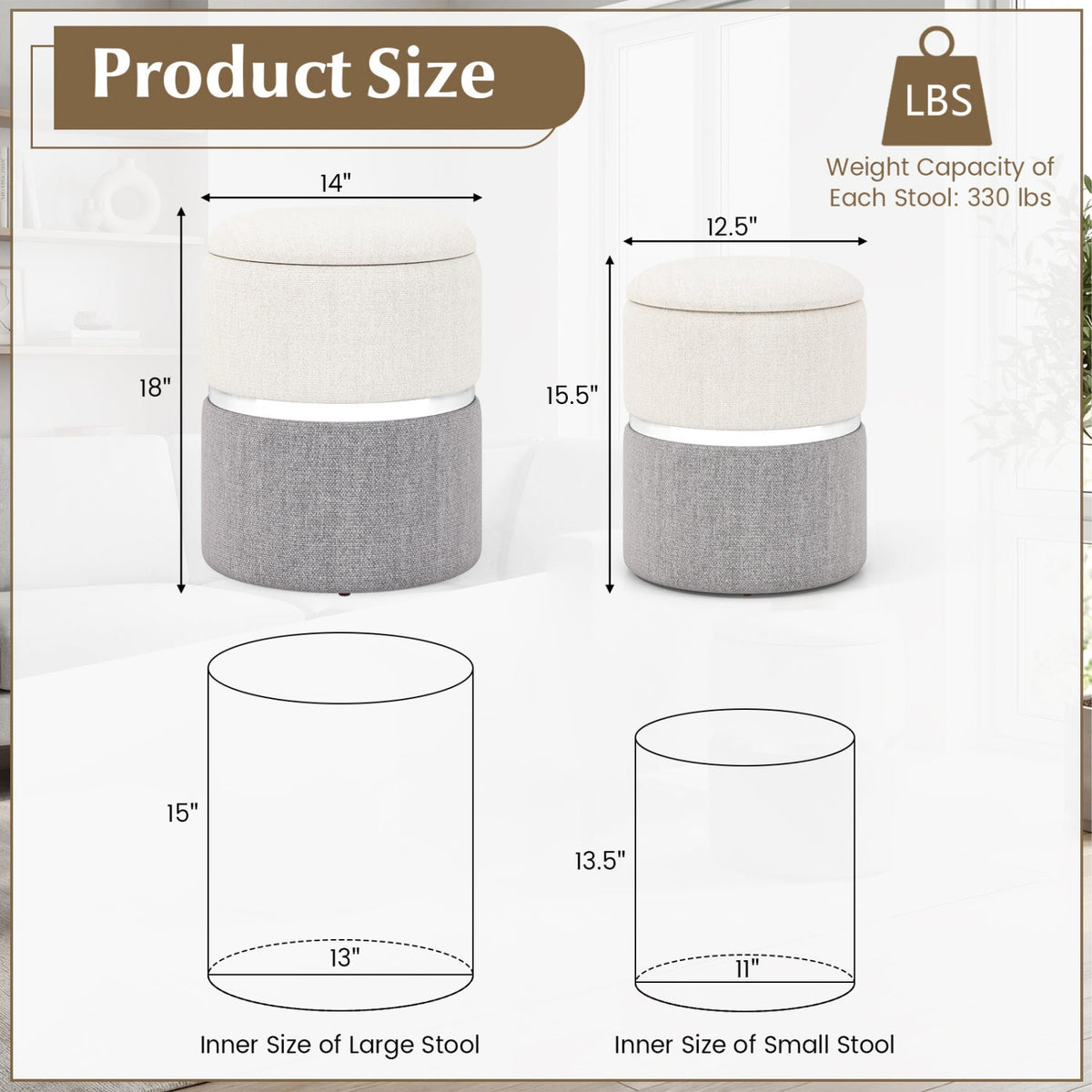 Velvet/Linen Fabric Storage Ottoman Set of 2