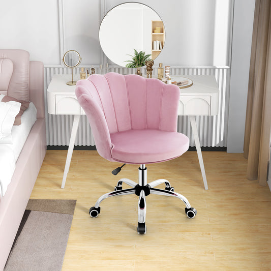 Velvet Vanity Chair with Seashell Back and Wheels - Pink