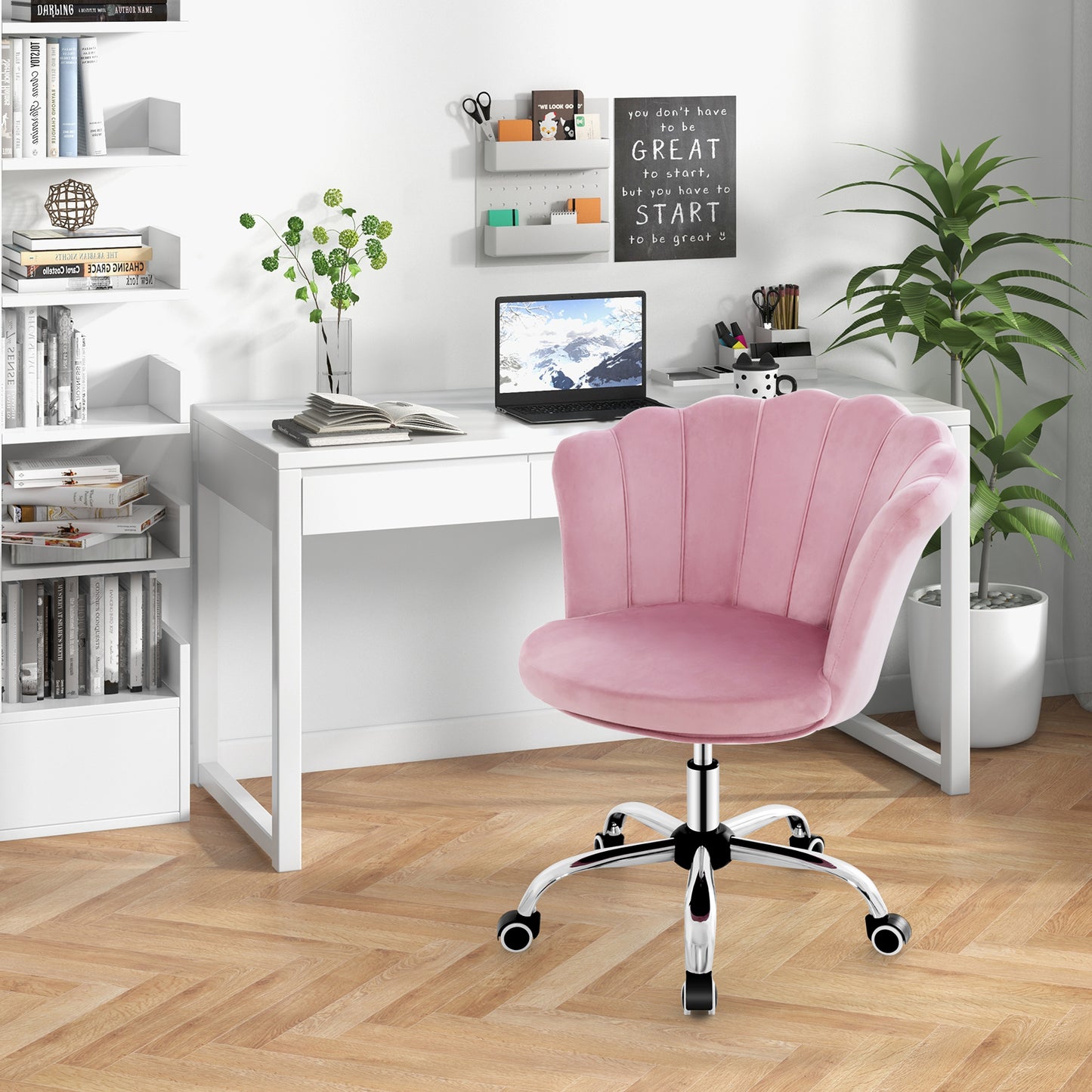 Velvet Vanity Chair with Seashell Back and Wheels - Pink