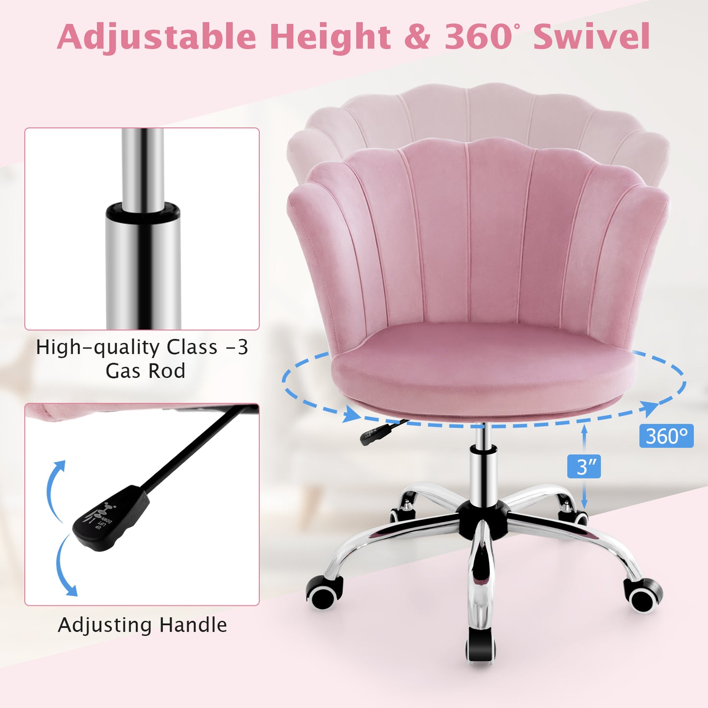 Velvet Vanity Chair with Seashell Back and Wheels - Pink