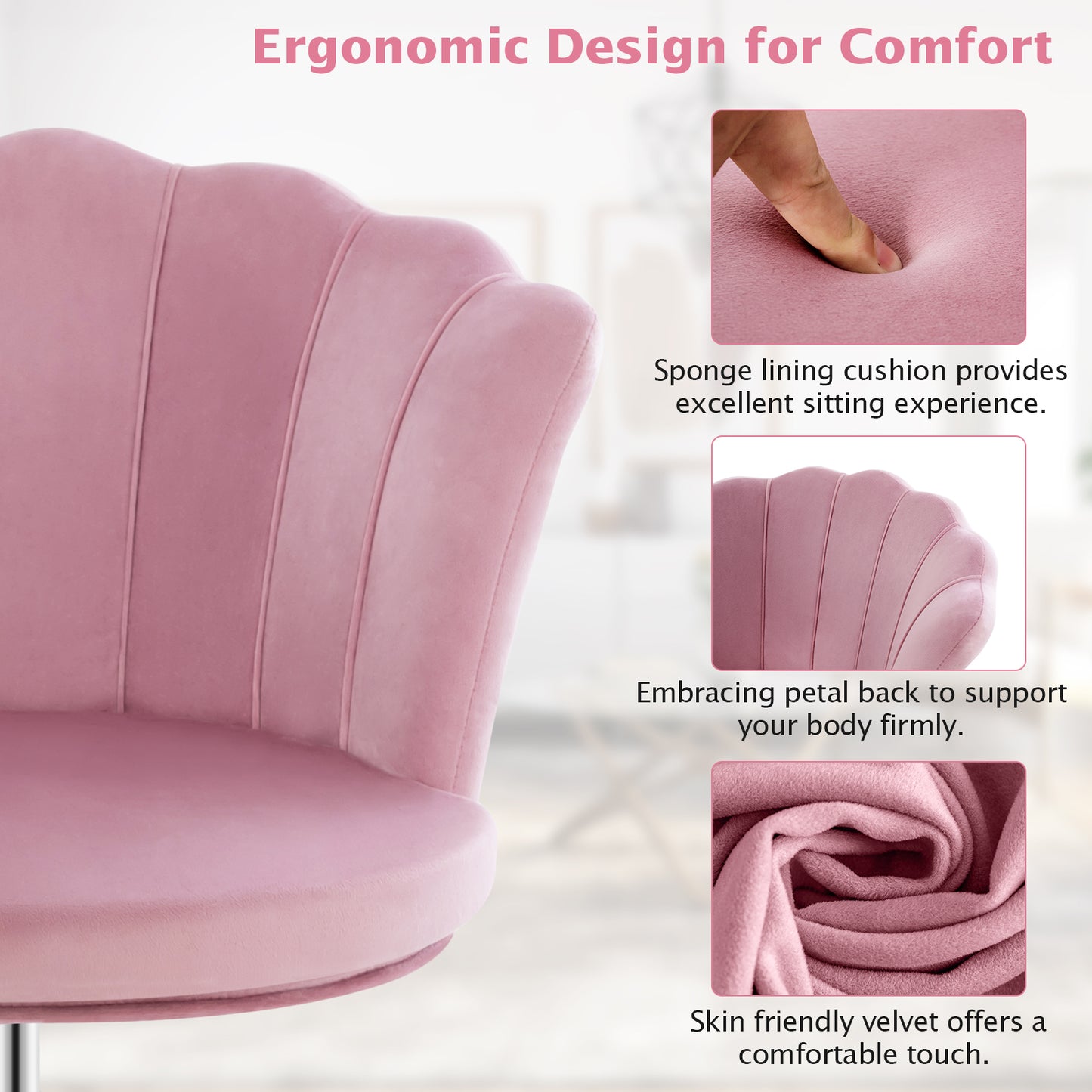 Velvet Vanity Chair with Seashell Back and Wheels - Pink