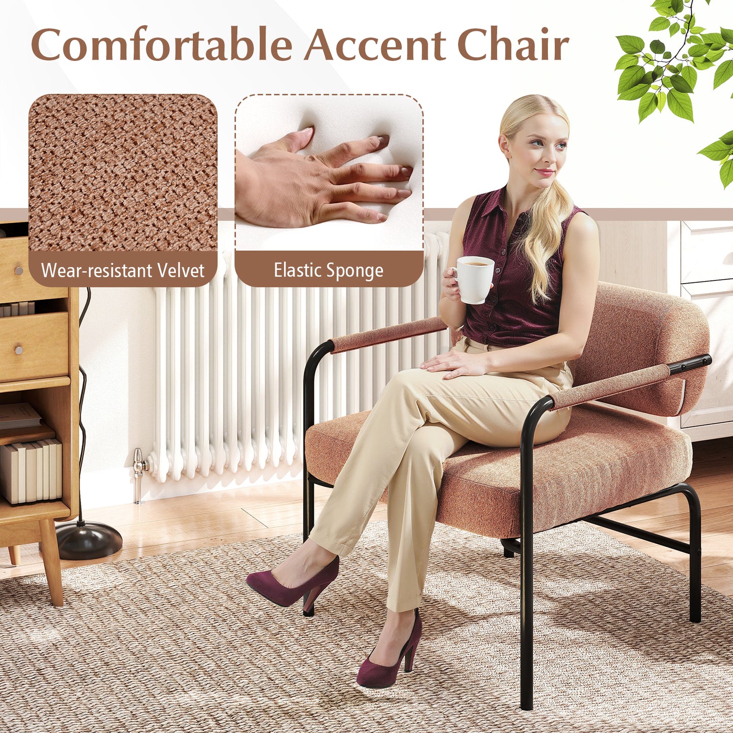 Velvet Accent Chair with Cylindrical Backrest - Brown