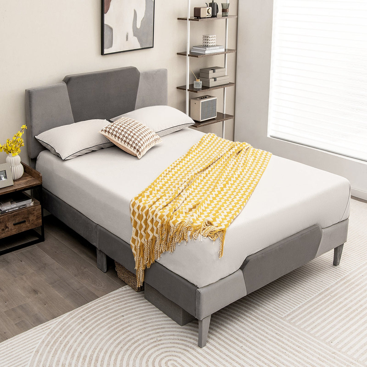 Full/Queen/Twin Velvet Upholstered Bed Frame with High Headboard