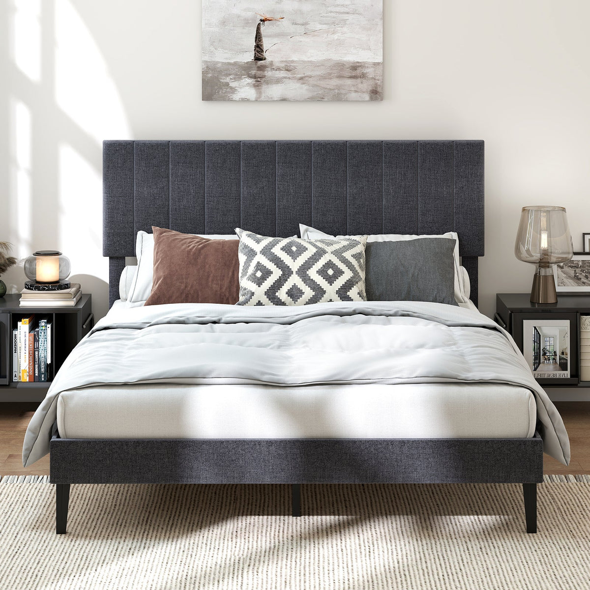 Velvet Upholstered Platform Bed with Height Adjustable Vertical Channel Headboard