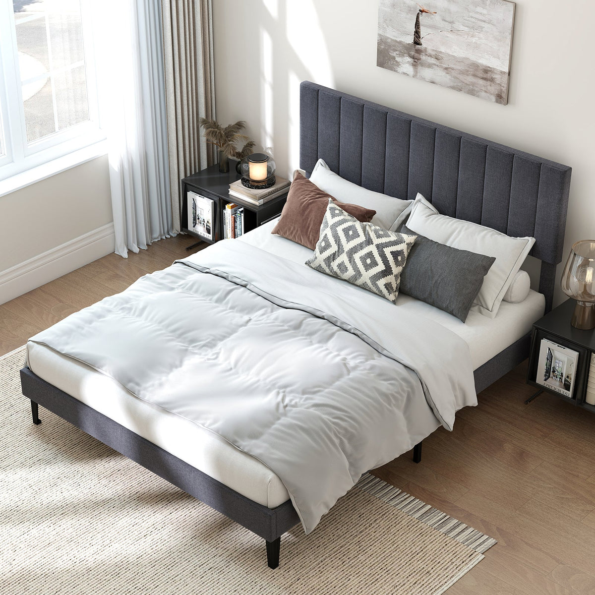 Velvet Upholstered Platform Bed with Height Adjustable Vertical Channel Headboard