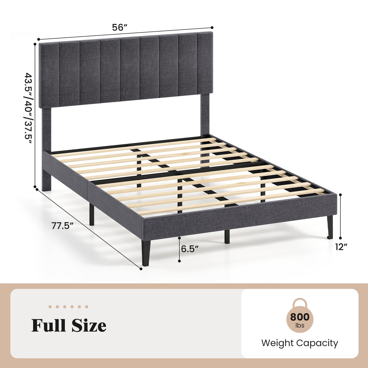 Velvet Upholstered Platform Bed with Height Adjustable Vertical Channel Headboard