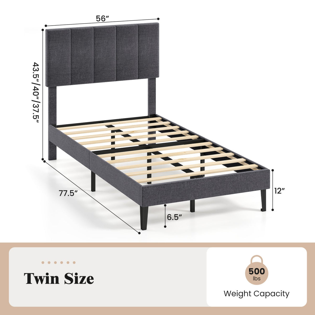Upholstered Platform Bed with Adjustable Headboard - Twin Size