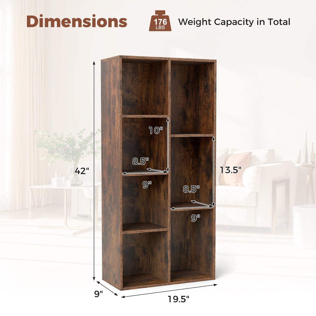 Vertical or Horizontal Freestanding Bookshelf with 7 Compartments