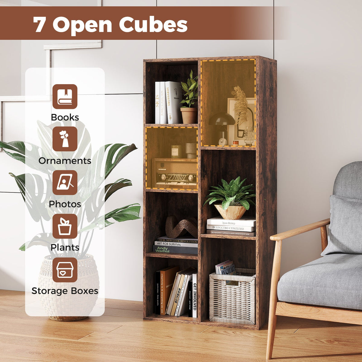 Vertical or Horizontal Freestanding Bookshelf with 7 Compartments