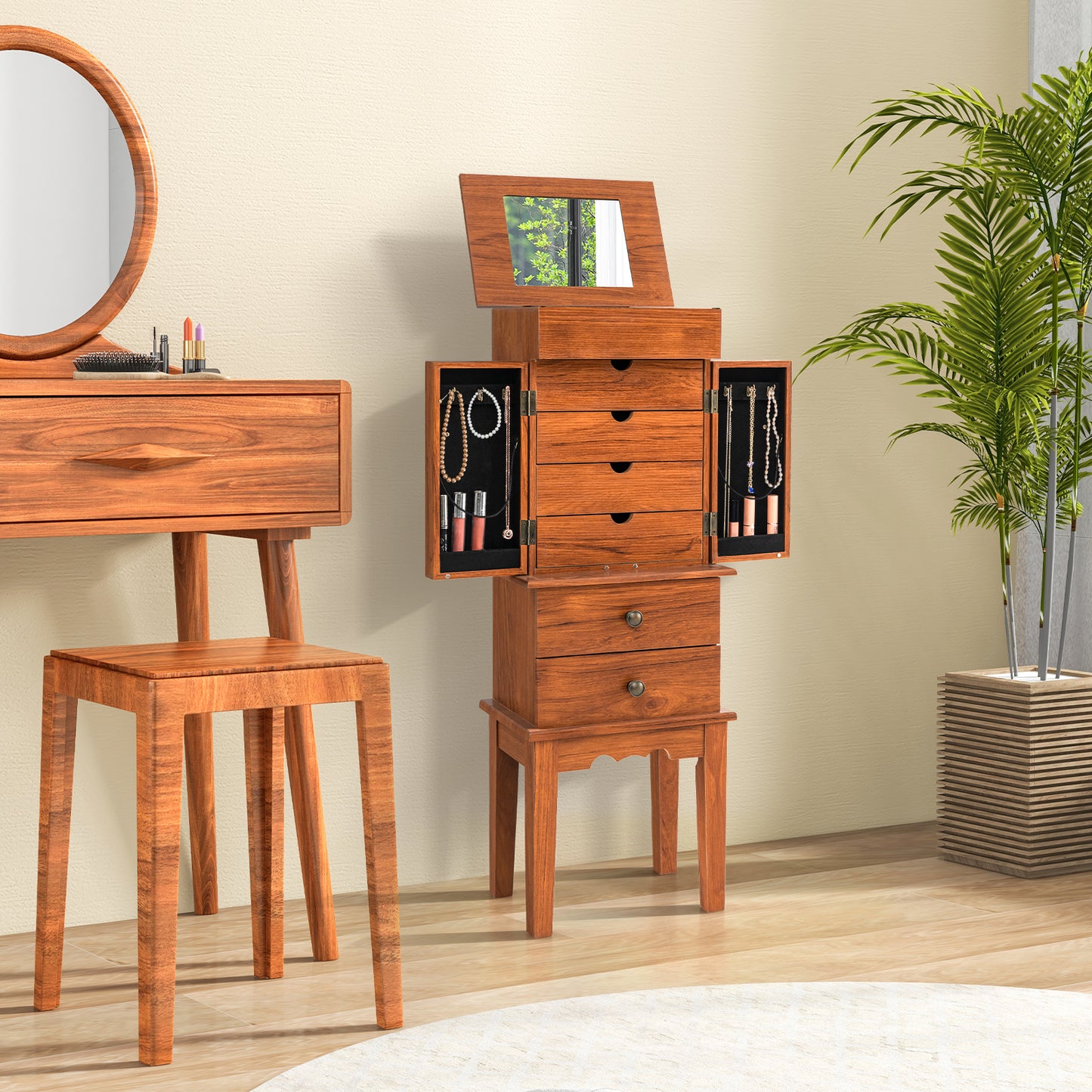 Standing Jewelry Armoire with Flip-Top Mirror