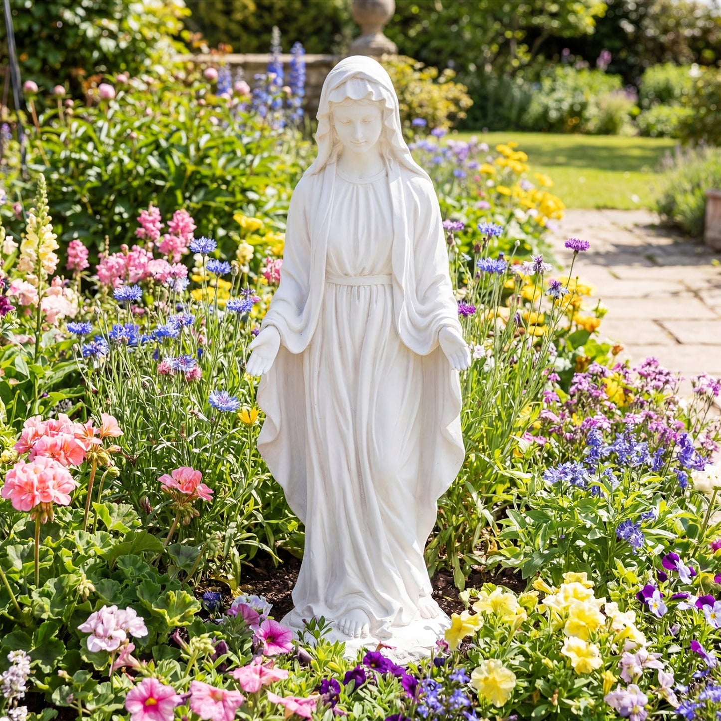 Virgin Mary Statue 29.5 inch Tall Outdoor Religious Sculpture with Aged Finish
