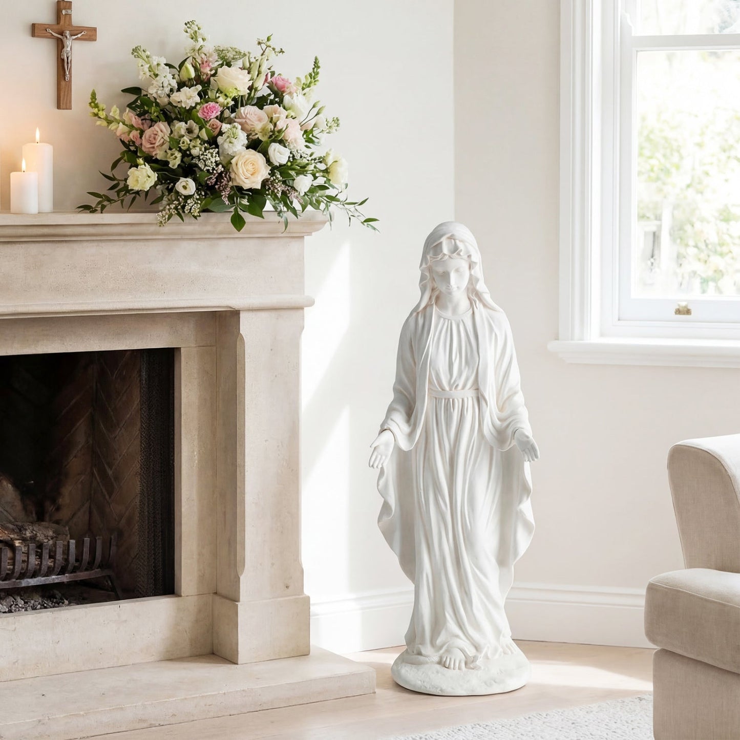 Virgin Mary Statue 29.5 inch Tall Outdoor Religious Sculpture with Aged Finish