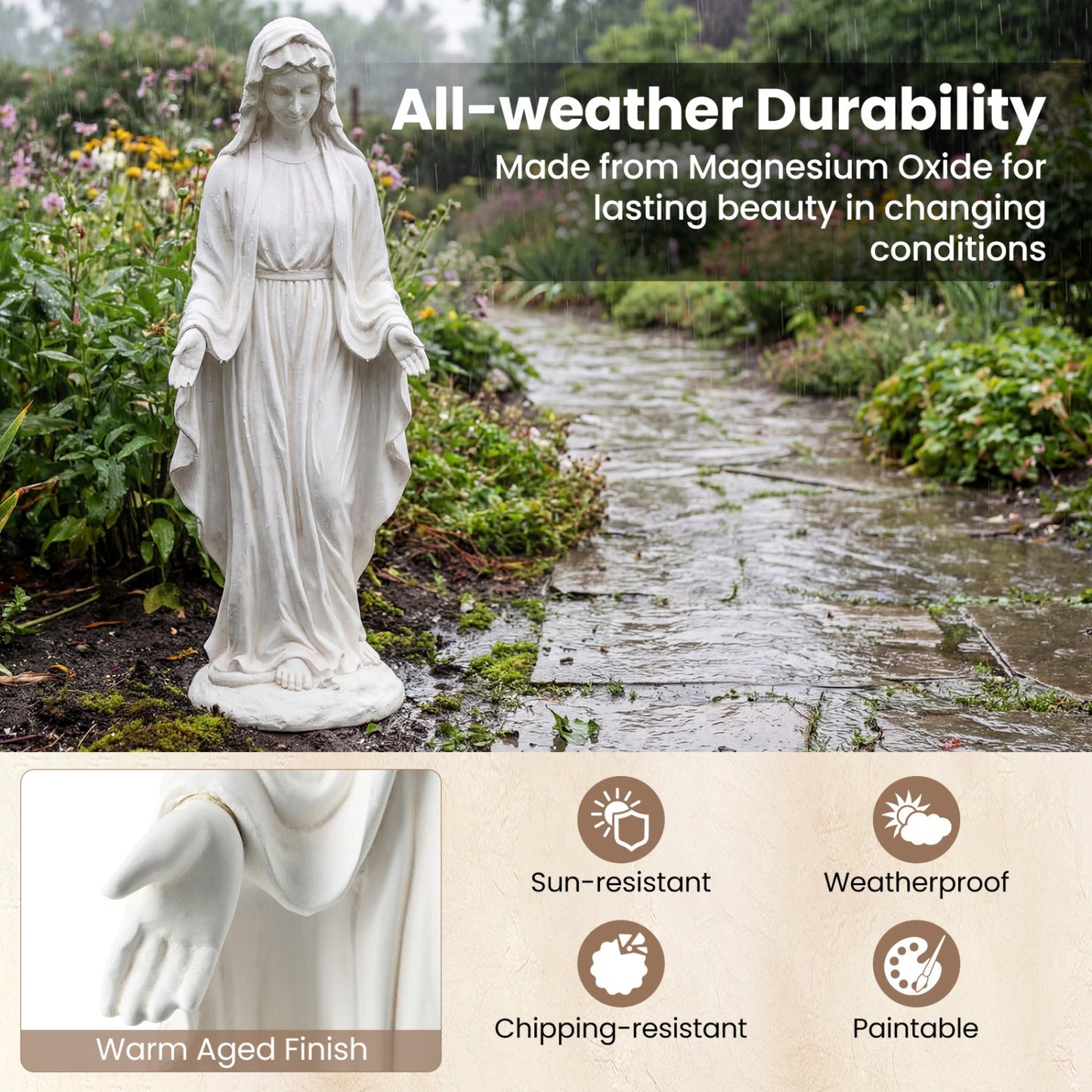Virgin Mary Statue 29.5 inch Tall Outdoor Religious Sculpture with Aged Finish