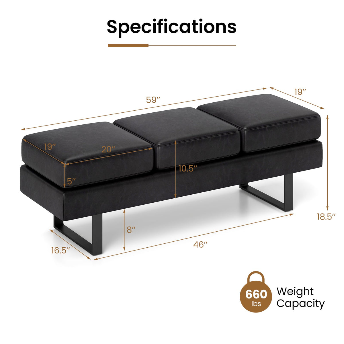 Waiting Room Bench Seating Long Bench with Metal Frame Leg