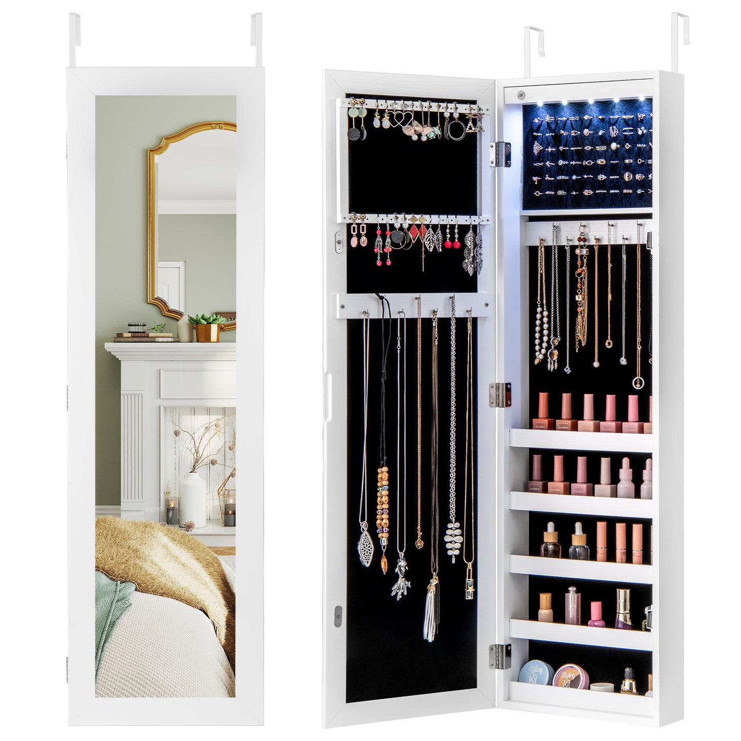 Mirrored Jewelry Cabinet with LED Light - Wall & Door Mount