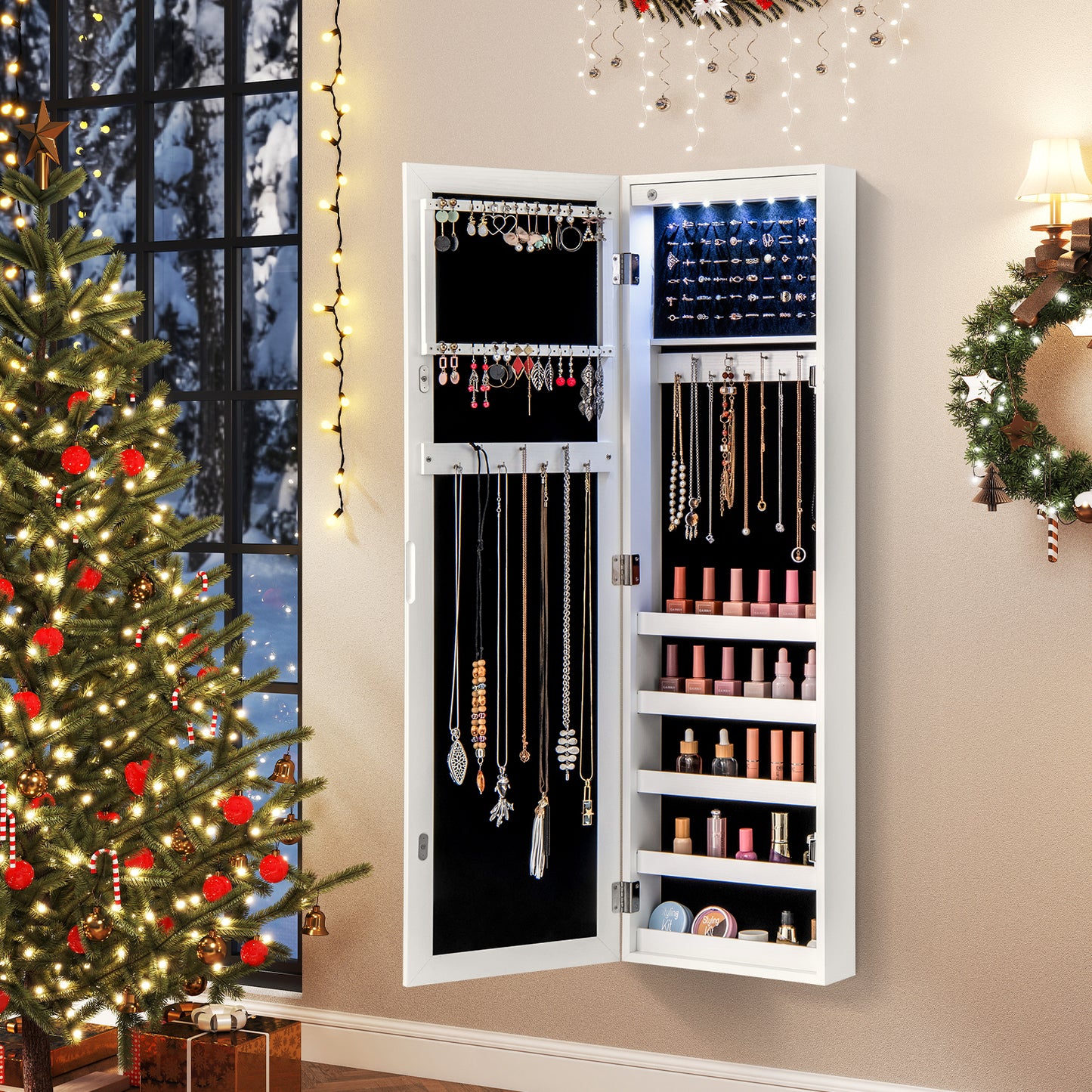 Mirrored Jewelry Cabinet with LED Light - Wall & Door Mount