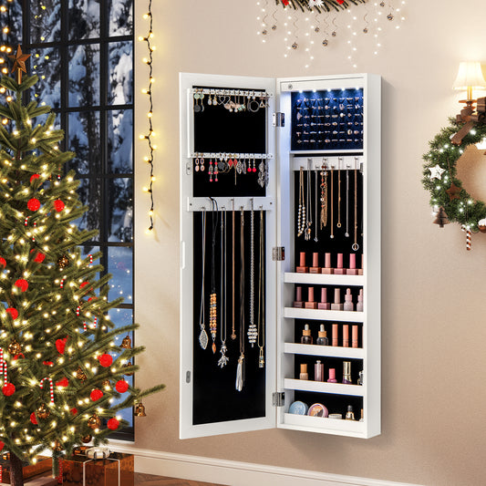 Mirrored Jewelry Cabinet with LED Light - Wall & Door Mount