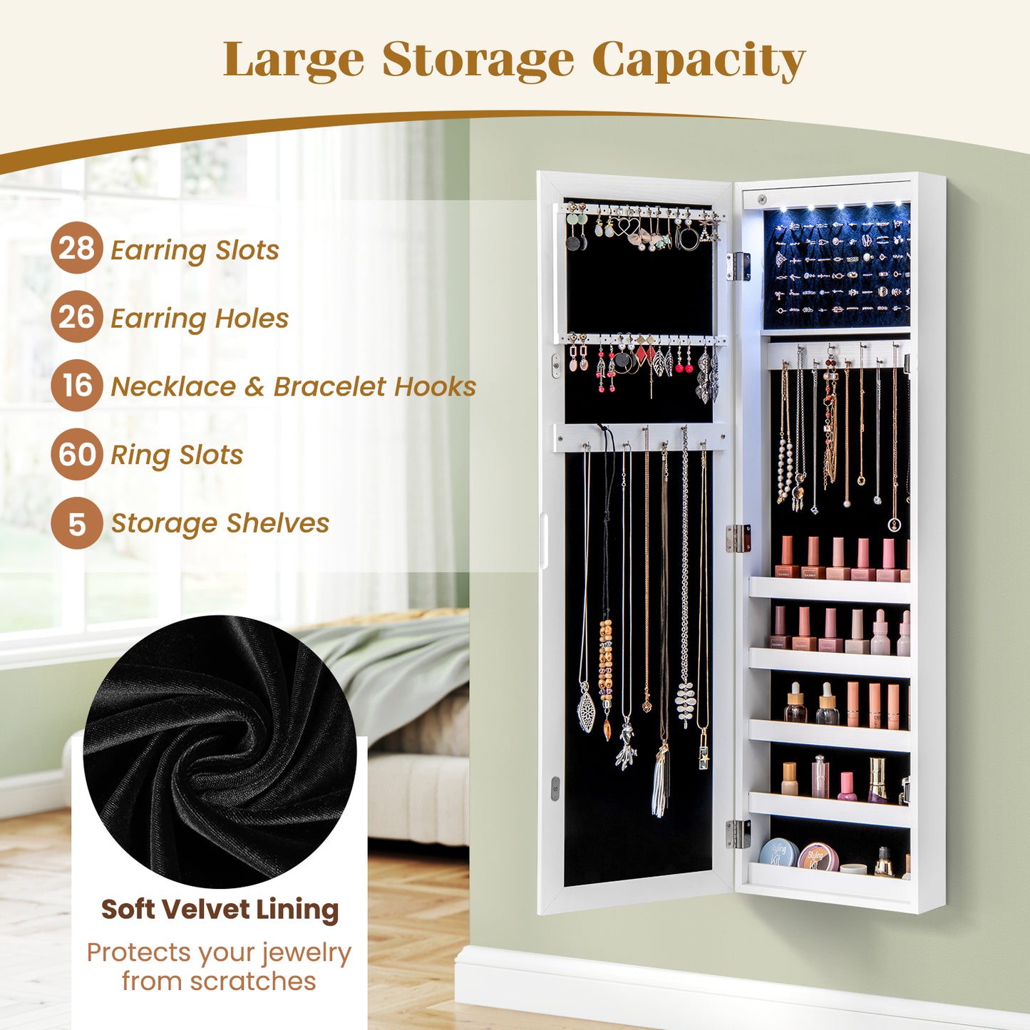 Mirrored Jewelry Cabinet with LED Light - Wall & Door Mount