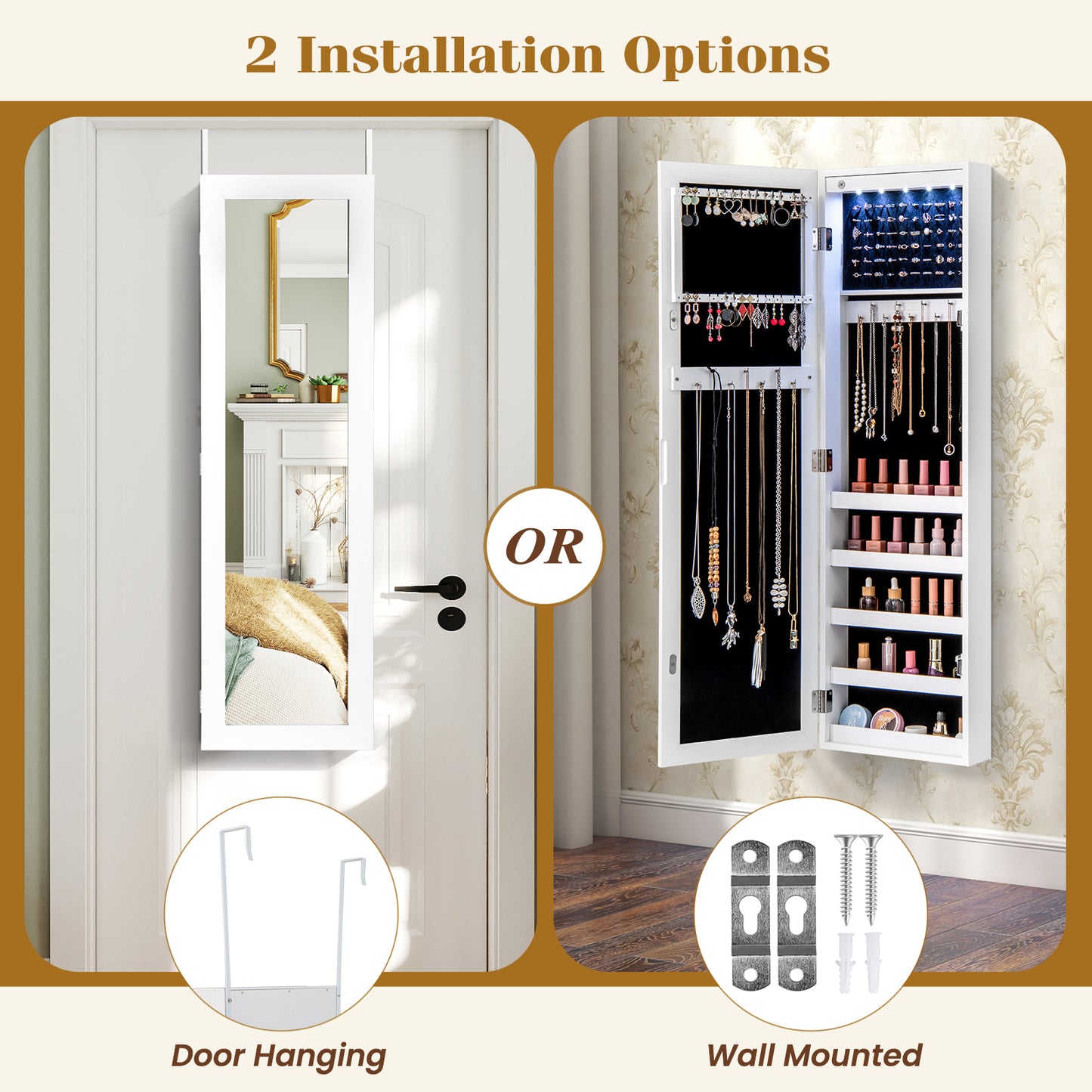 Mirrored Jewelry Cabinet with LED Light - Wall & Door Mount