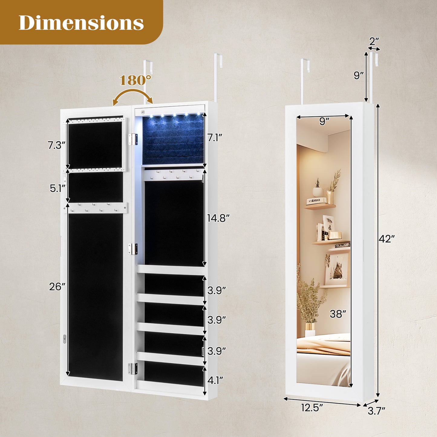 Mirrored Jewelry Cabinet with LED Light - Wall & Door Mount