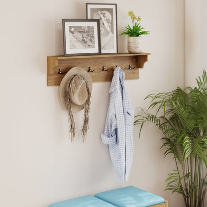 Wall Hooks with Shelf 31.5inch Wooden Coat Rack with 6 Hooks for Hats Towels Purses Robes