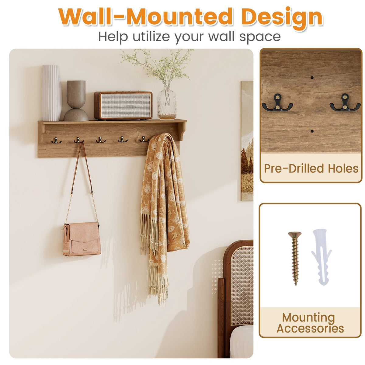 Wall Hooks with Shelf 31.5inch Wooden Coat Rack with 6 Hooks for Hats Towels Purses Robes