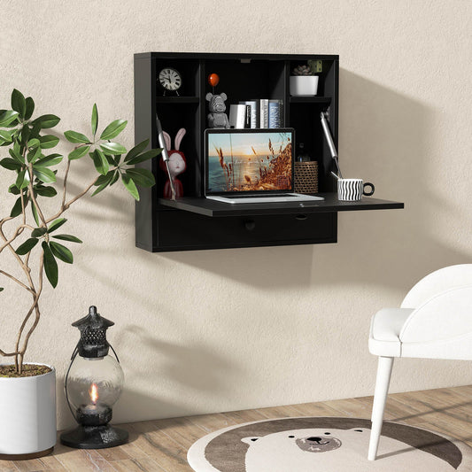 Wall-Mount Folding Desk with Storage Shelves and Drawer