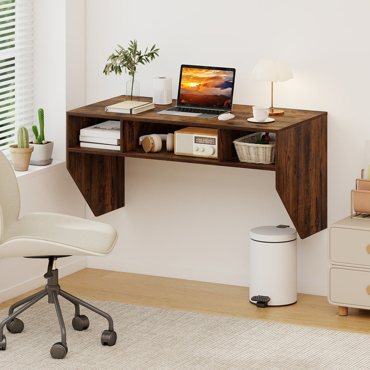 Wall-Mounted Computer Desk Floating Laptop Desk with 3 Storage Compartments