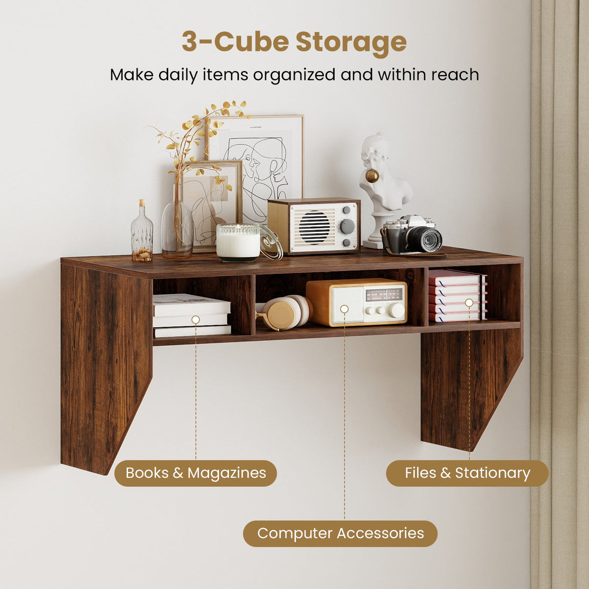 Wall-Mounted Computer Desk Floating Laptop Desk with 3 Storage Compartments