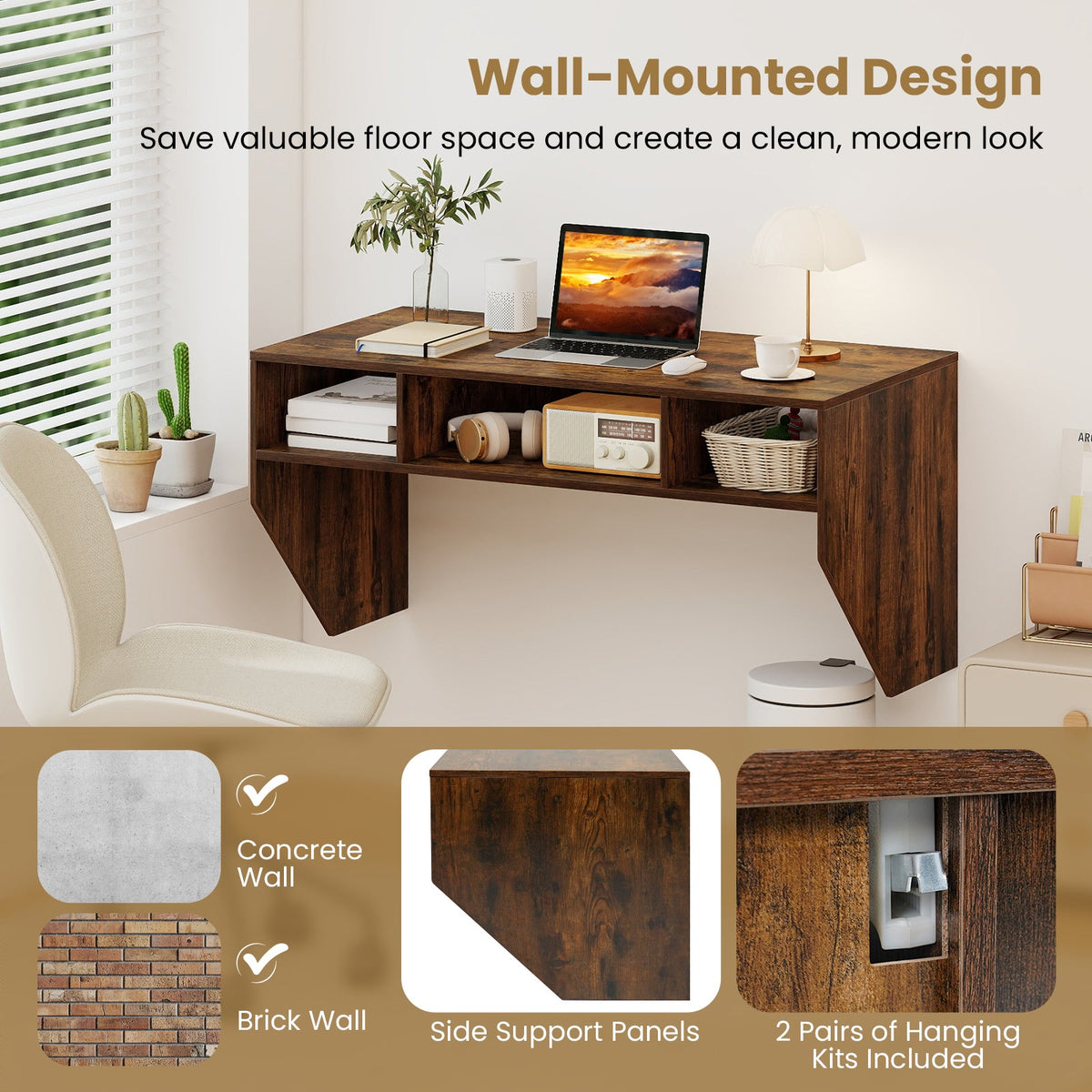 Wall-Mounted Computer Desk Floating Laptop Desk with 3 Storage Compartments