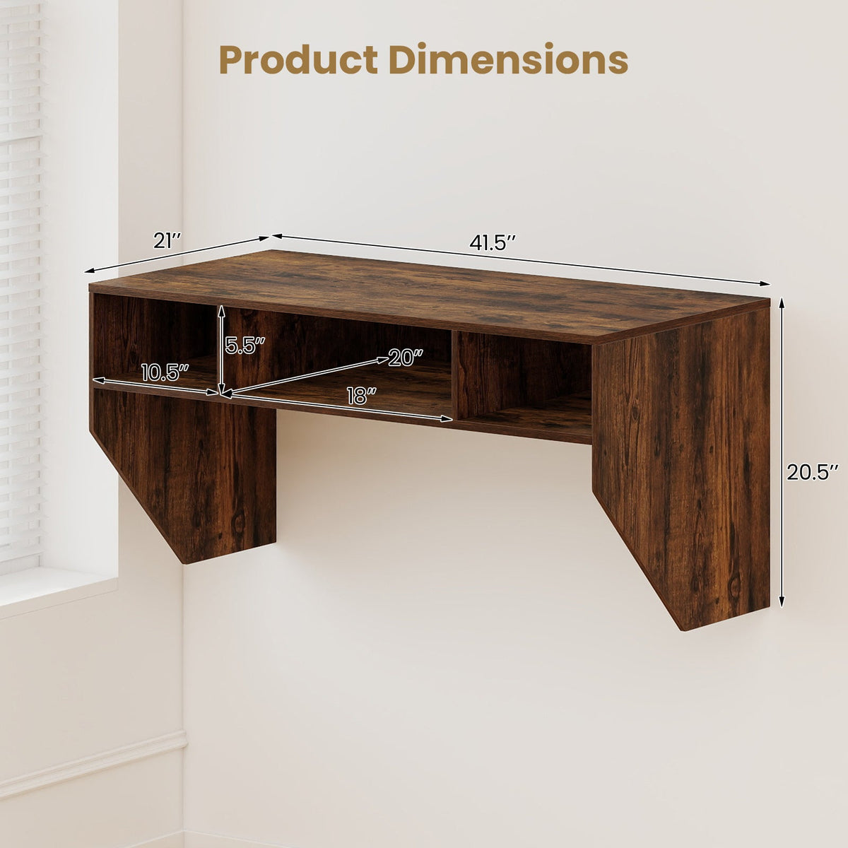 Wall-Mounted Computer Desk Floating Laptop Desk with 3 Storage Compartments