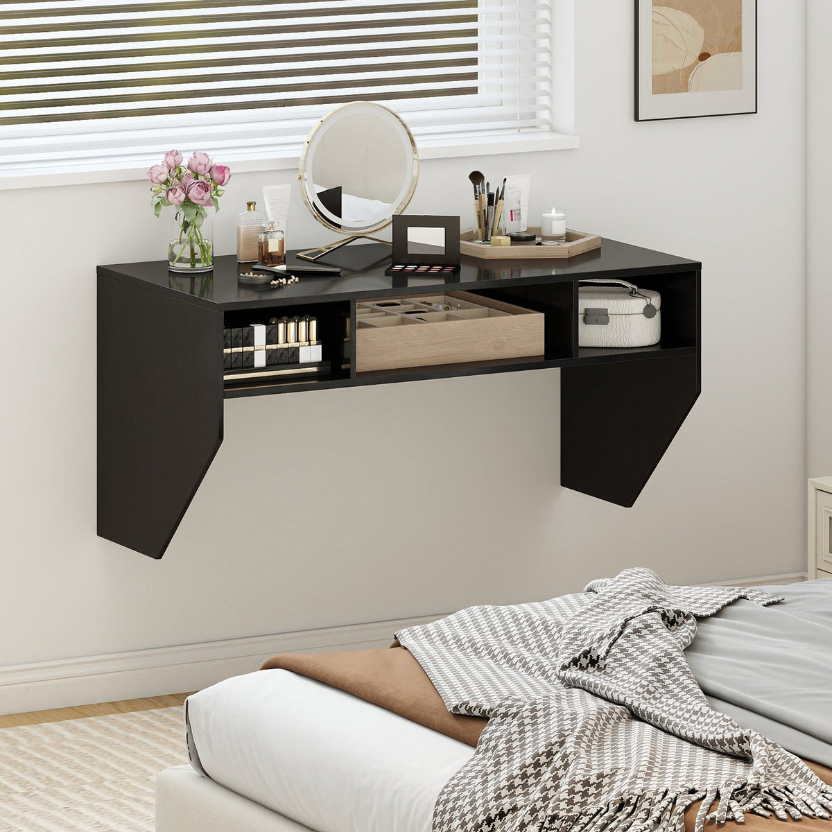 Wall-Mounted Computer Desk Floating Laptop Desk with 3 Storage Compartments