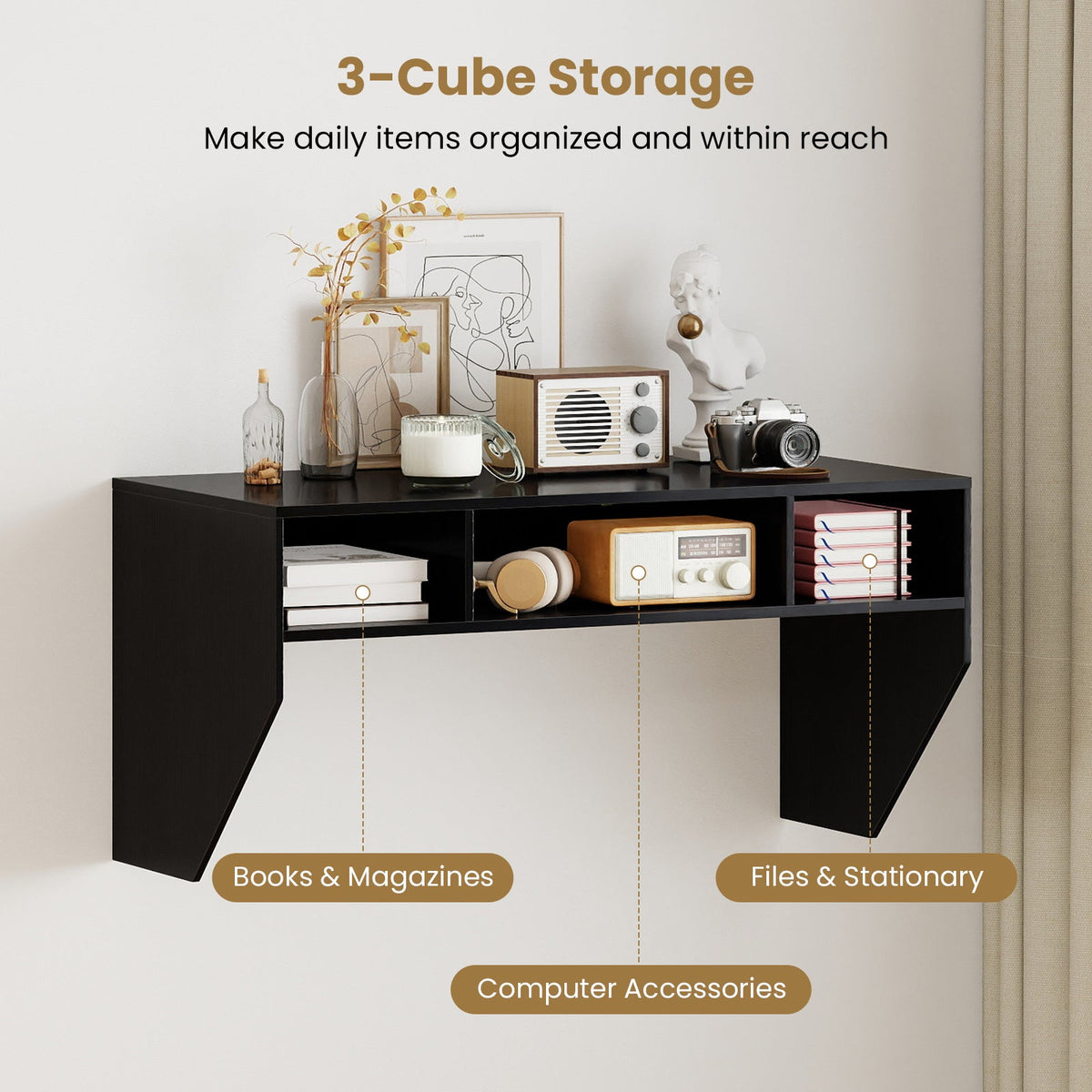 Wall-Mounted Computer Desk Floating Laptop Desk with 3 Storage Compartments