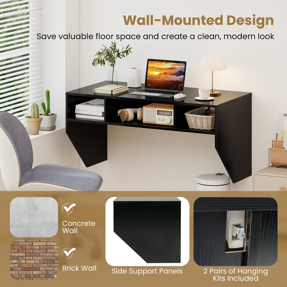 Wall-Mounted Computer Desk Floating Laptop Desk with 3 Storage Compartments