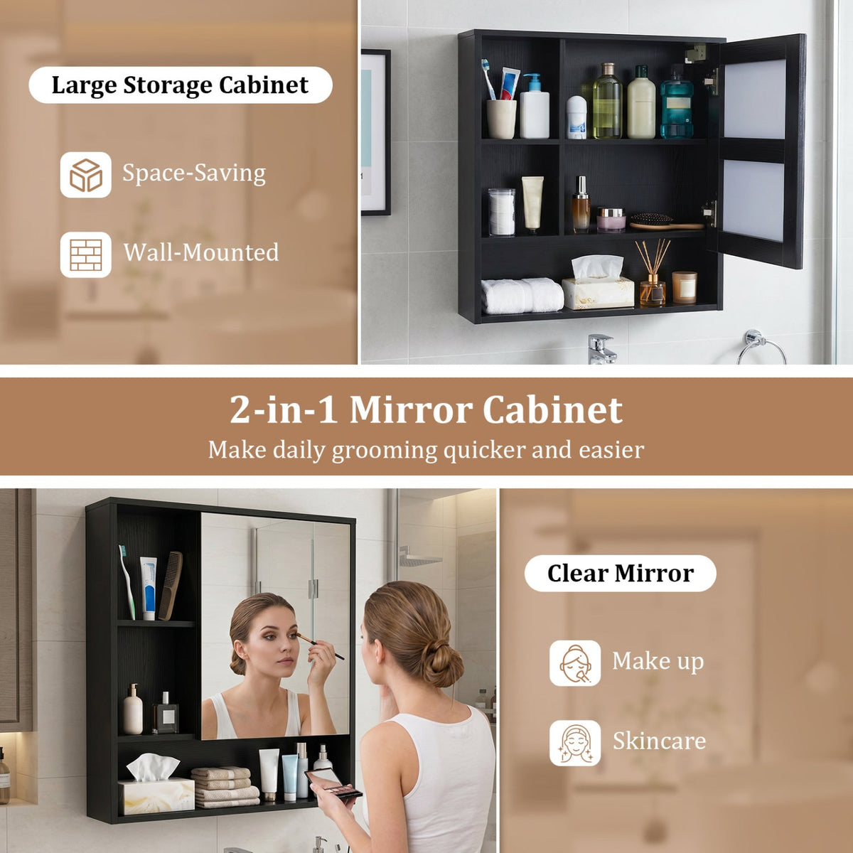 Wall-Mounted Mirror Cabinet with Hidden & Open Storage