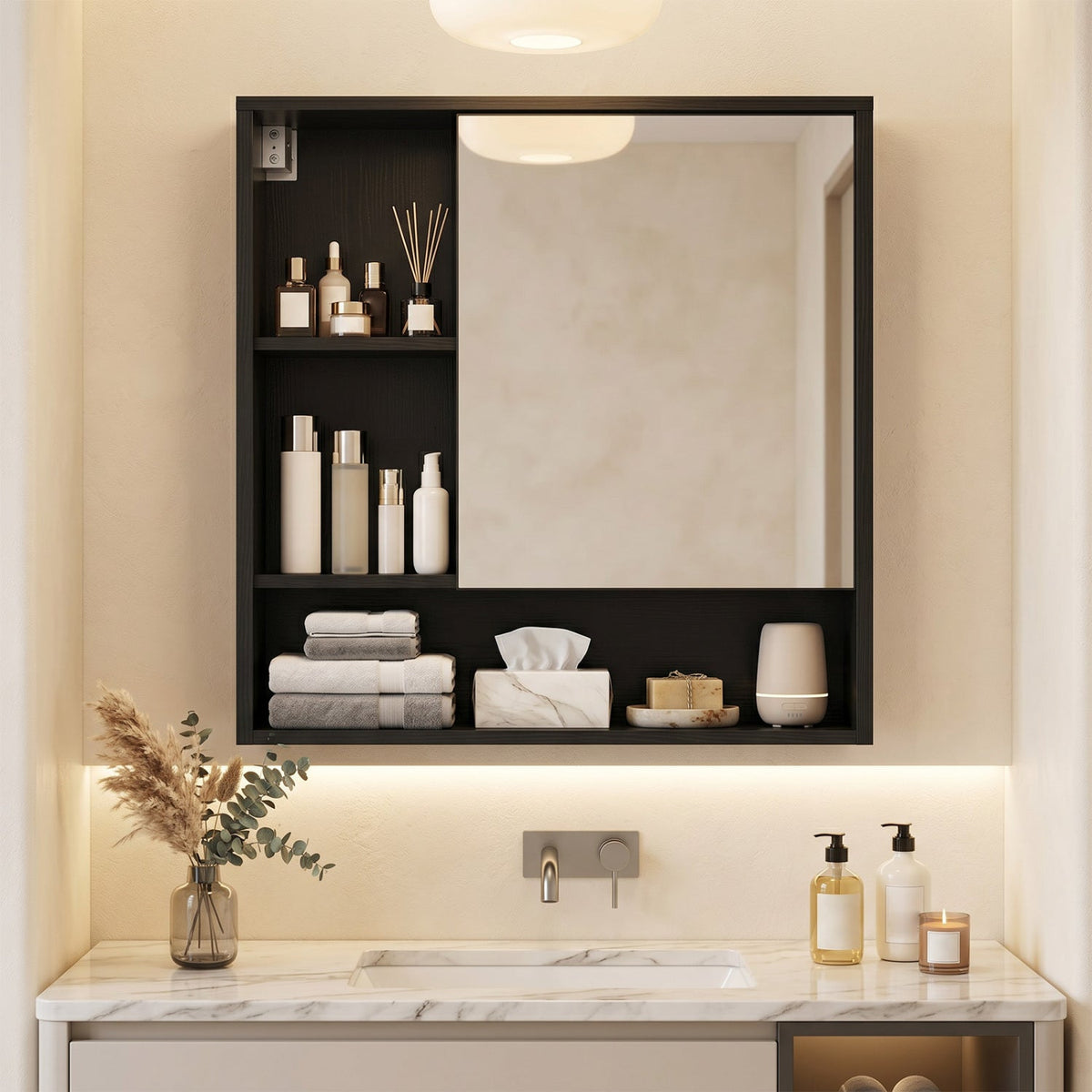 Wall-Mounted Mirror Cabinet with Hidden & Open Storage