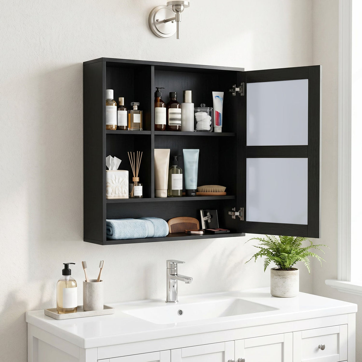 Wall-Mounted Mirror Cabinet with Hidden & Open Storage